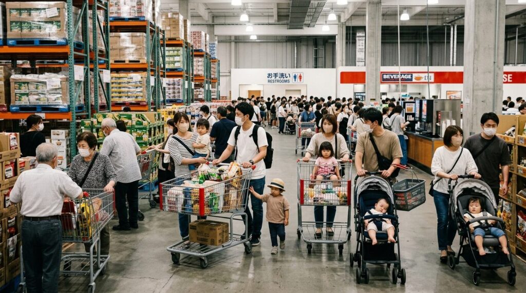 週末の混雑した倉庫型店舗内の様子