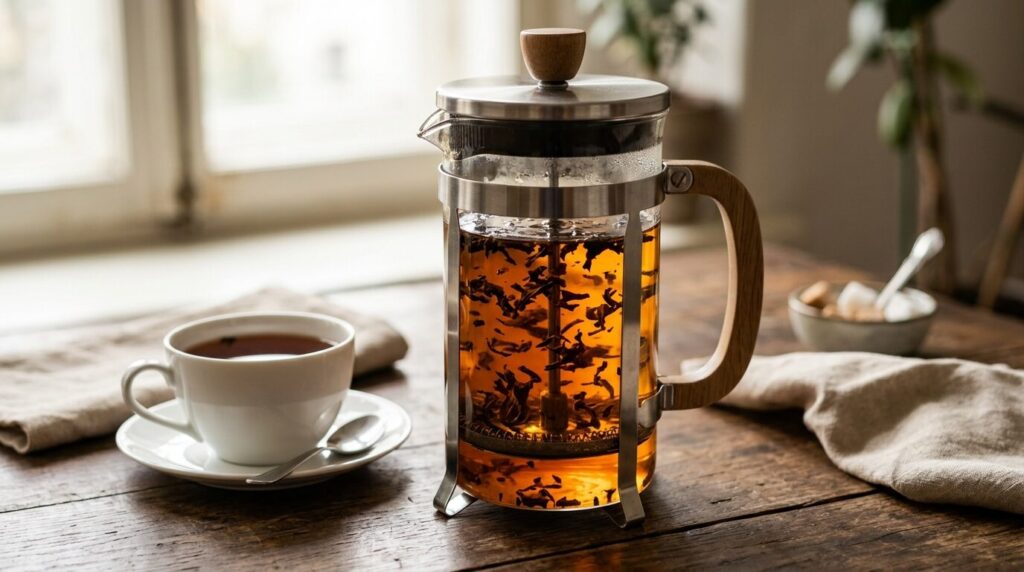 フレンチプレスで紅茶の茶葉を抽出している様子
