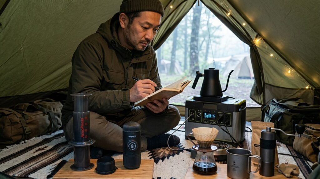 テントの中で日本人男性がノートを広げて、ポータブル電源に接続された複数のコーヒーメーカーを比較検討している様子。電源タイプや抽出方式の選択基準を丁寧に検討する重要性を示す画像