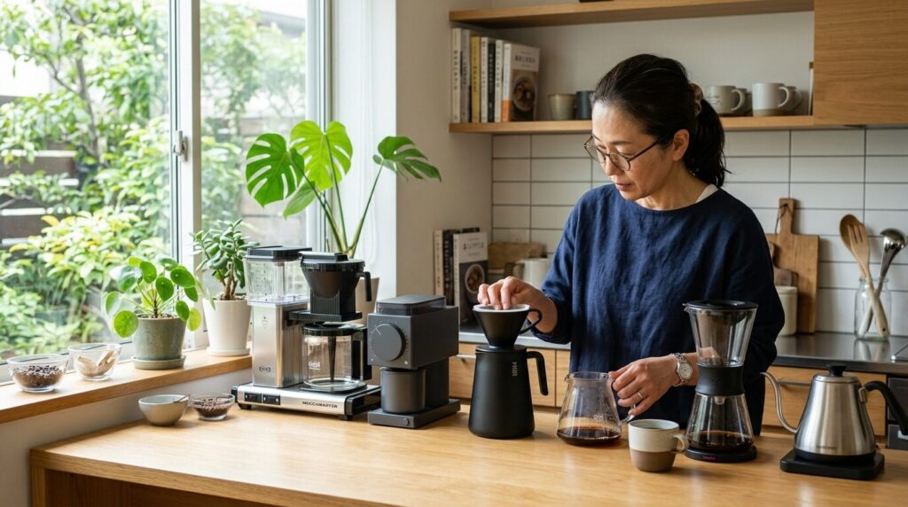 コーヒーメーカーを比較検討する様子