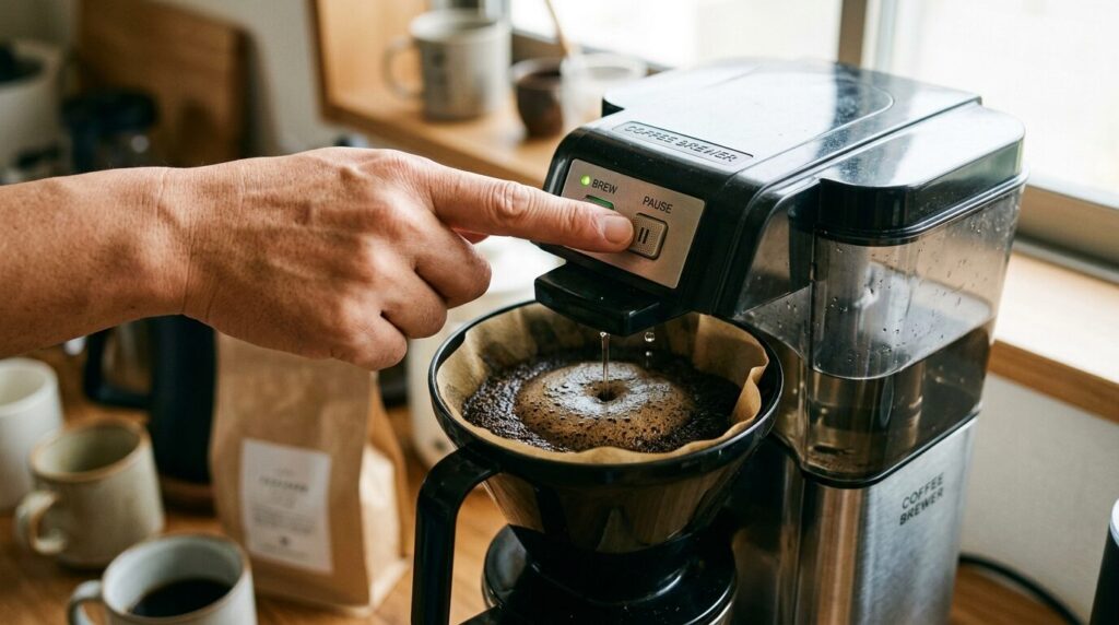 蒸らし機能なしのコーヒーメーカーで手動蒸らしを行う様子