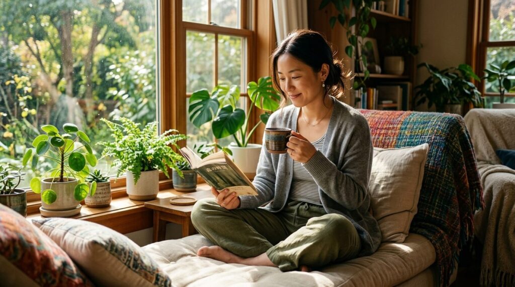 午後の光が差し込む窓辺でコーヒーを手に本を読む日本人女性の静かなリラックスタイム