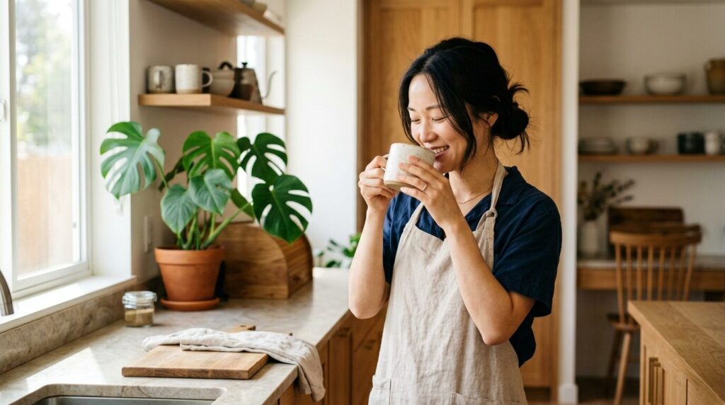 リネンのエプロン姿の日本人女性がキッチンでコーヒーを味わい微笑む朝のライフスタイル写真