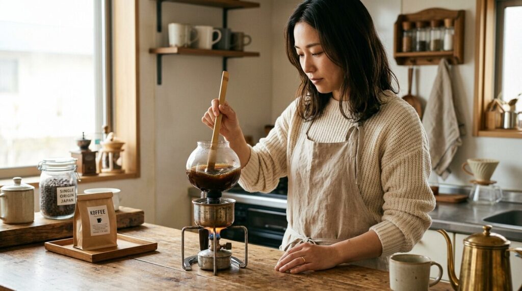 リネンのエプロン姿の30代日本人女性が、木のカウンターの上で竹べらを使ってサイフォンの上ボール内のお湯と粉を真剣にかき混ぜている様子