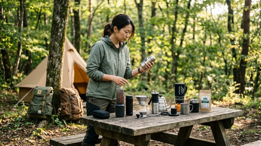 「森のキャンプサイトで日本人の女性が複数のポータブルコーヒーメーカーを木のテーブルに並べて比較検討している様子。購入前に自分に合った選択をする重要性を伝える画像」