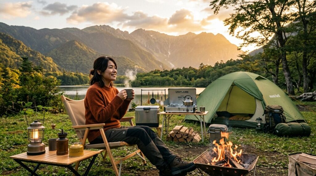 夕暮れの柔らかな金色に包まれたキャンプサイトで、日本人女性が大きな解放感を味わいながら熱々のコーヒーをカップに注いでいる様子。充実したキャンプサイトと安定したポータブルコーヒーメーカーが揃い、アウトドアコーヒーの魅力を総括する画像