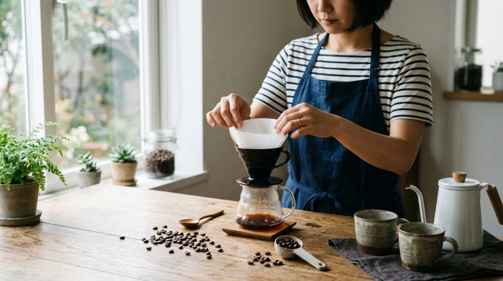 キッチンカウンターで紙フィルターを準備する日本人女性の手元と散りばめられた焙煎コーヒー豆