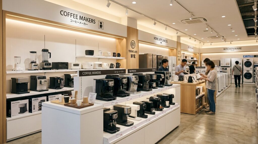 明るく清涼な照明に包まれた家電量販店の家電コーナー。多数のコーヒーメーカーが整然と並び、専門スタッフへの相談のしやすさを感じさせる店舗風景です。