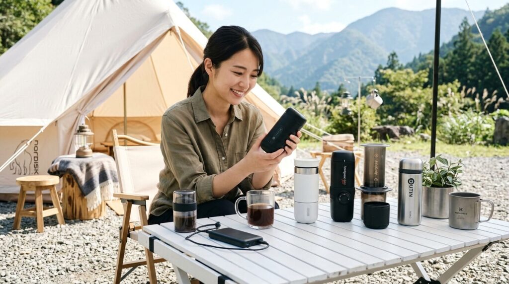 屋外の白いテーブルに電動式のポータブルコーヒーメーカーが並び、日本人女性がUSB充電対応の便利なコードレスモデルを興味深く手に取っている様子。電動式の利便性と手軽さを強調した画像