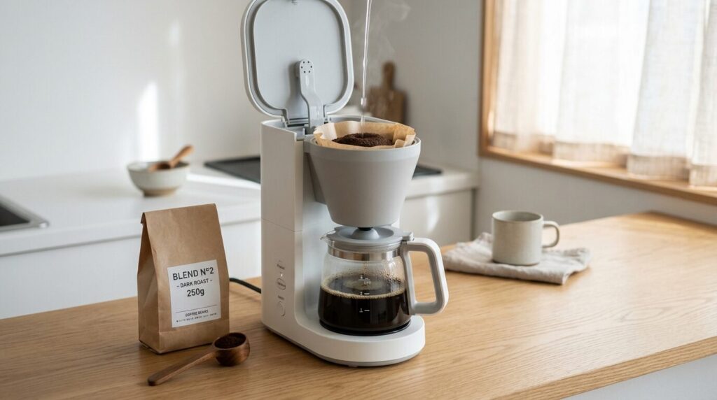 コーヒー粉をセットしたシンプルなドリップ式コーヒーメーカー