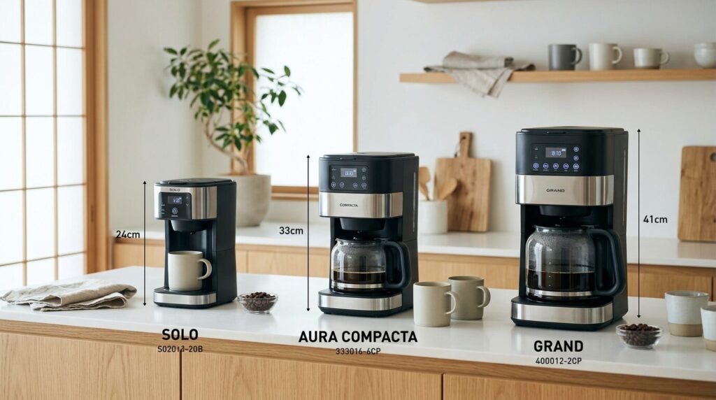 一人暮らし用から大家族用まで異なる容量のコーヒーメーカーサイズ比較