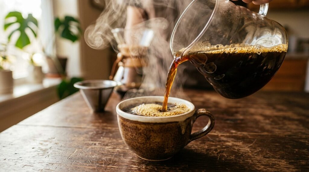 ガラスカラフェから淹れたてのコーヒーを注ぐ瞬間の美しい写真