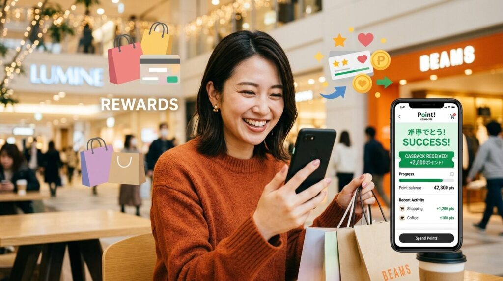 スマートフォンを見ながらポイント還元の恩恵に満足そうな表情の日本人消費者。楽天市場の高いポイント還元でお得に買い物できることを表現しています。