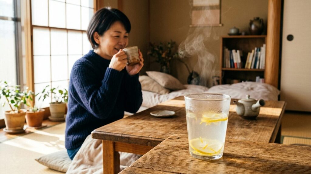 木製テーブルの上で湯気の立つ白湯のグラスを飲みながらリラックスする日本人女性の朝のシーン