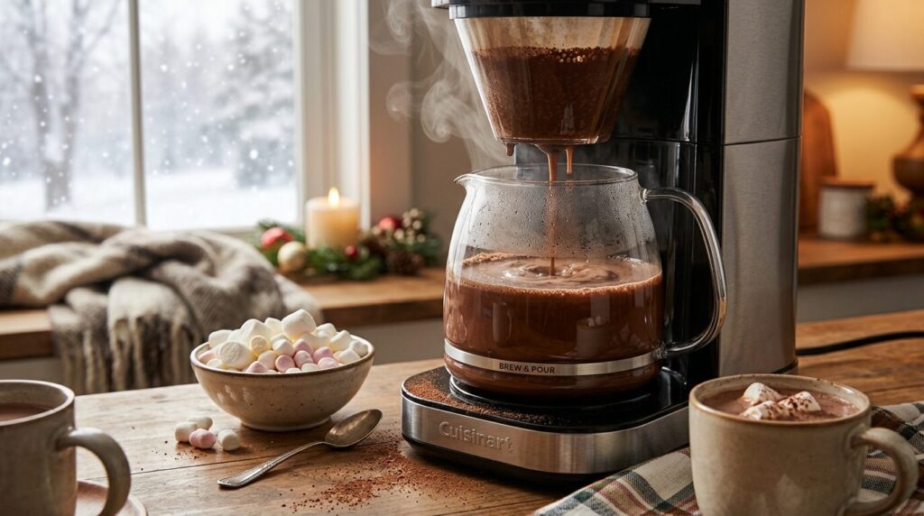 コーヒーメーカーで作る温かいホットココアとマシュマロ
