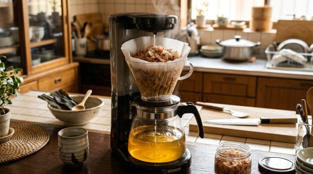 コーヒーメーカーで鰹節を使って出汁を抽出している過程