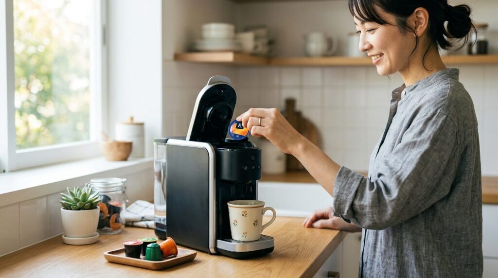 カプセル式コーヒーメーカーにカラフルなカプセルをセットする日本人女性のシンプルで便利な使い方を示す写真