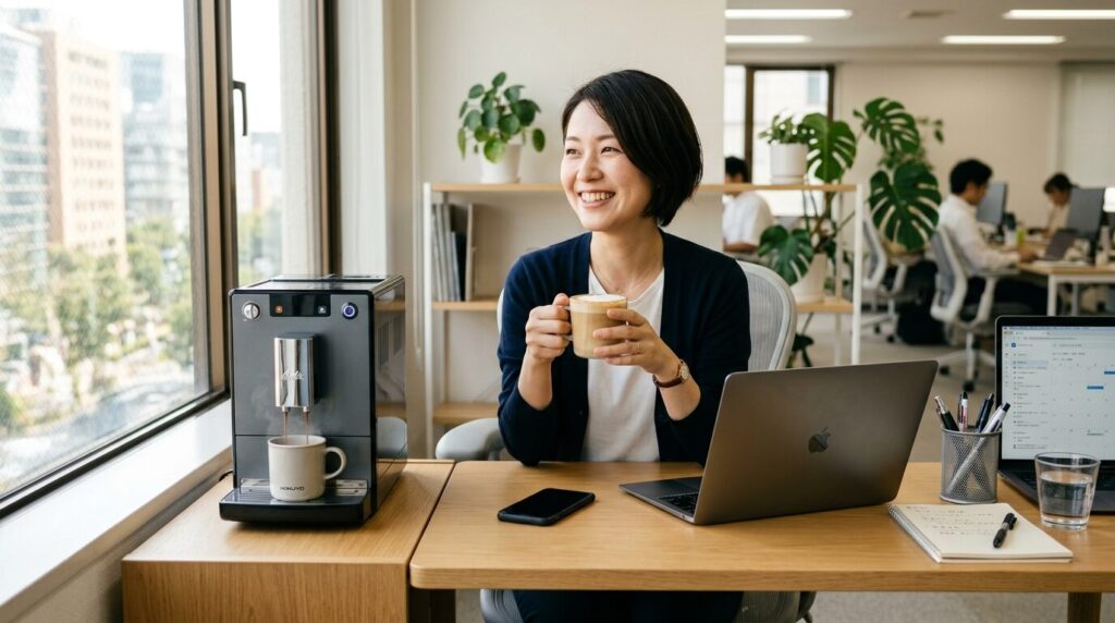 ノートパソコン横のデスク上に置かれたコンパクト全自動コーヒーメーカーから淹れたてのコーヒーを楽しむ日本人研究者。小規模オフィス向けの導入イメージ。