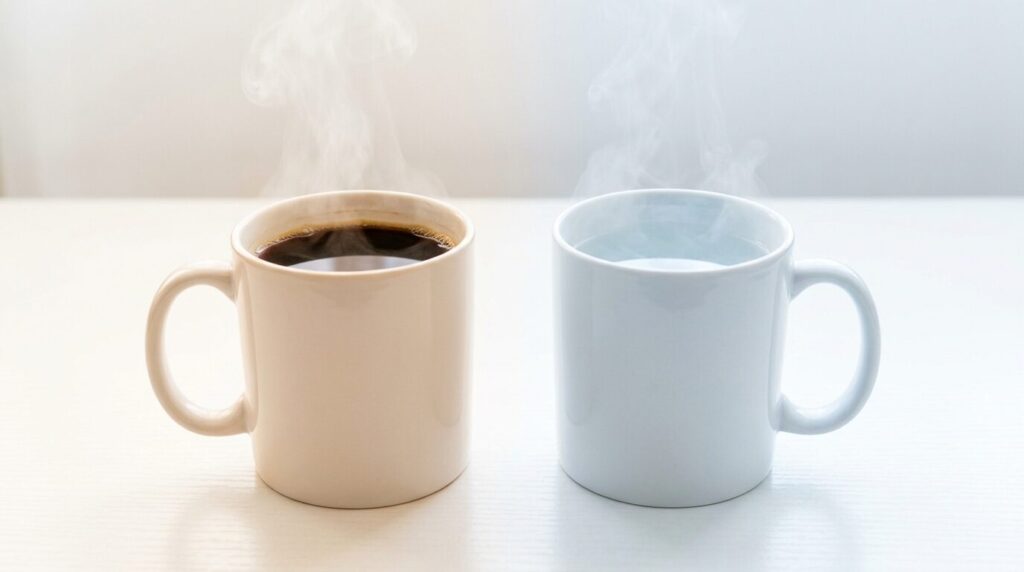 黒いコーヒーと透明な熱いお湯の二つのカップが並び、温度の違いを視覚的に表現した対比画像