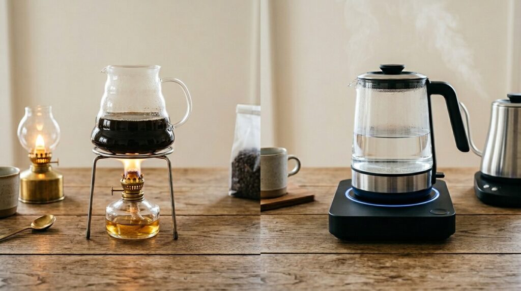 伝統的なアルコールランプ式の小さな炎と、モダンで安全な電気ヒーター式ベースの性能・安全性を対比させたコンセプト画像