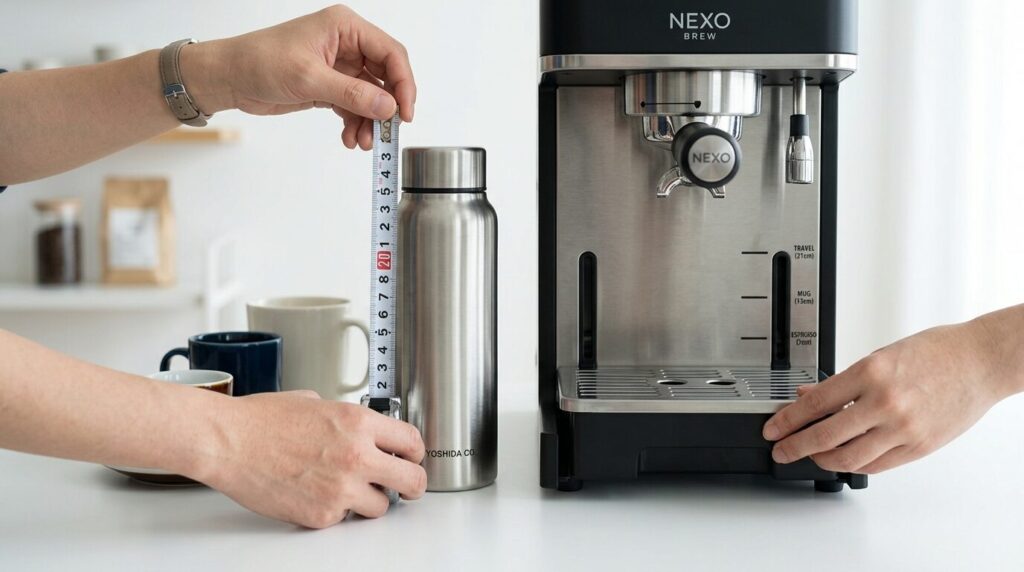 コーヒーメーカーの高さ調整機能と様々なサイズのマグカップや水筒の互換性を示す測定シーン