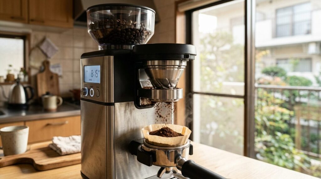 コーヒー豆を挽いている全自動ミル付きコーヒーメーカーの内部構造