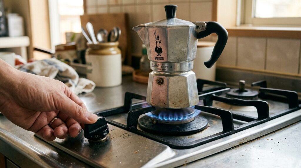 マキネッタをガスコンロで弱火にかける正しい火加減、炎が底面からはみ出さない様子