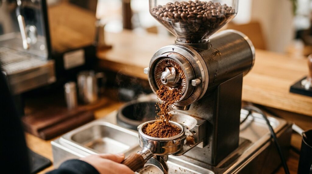 挽きたてのコーヒー粉がホッパーから落下する瞬間のクローズアップ。透明なホッパーに入った焙煎豆とコニカルバーによる精密な挽き目を表現した商品撮影画像。