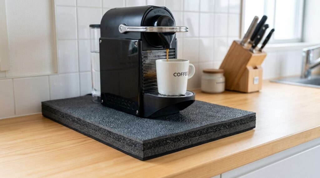 防音マットを敷いたコーヒーメーカーの振動対策
