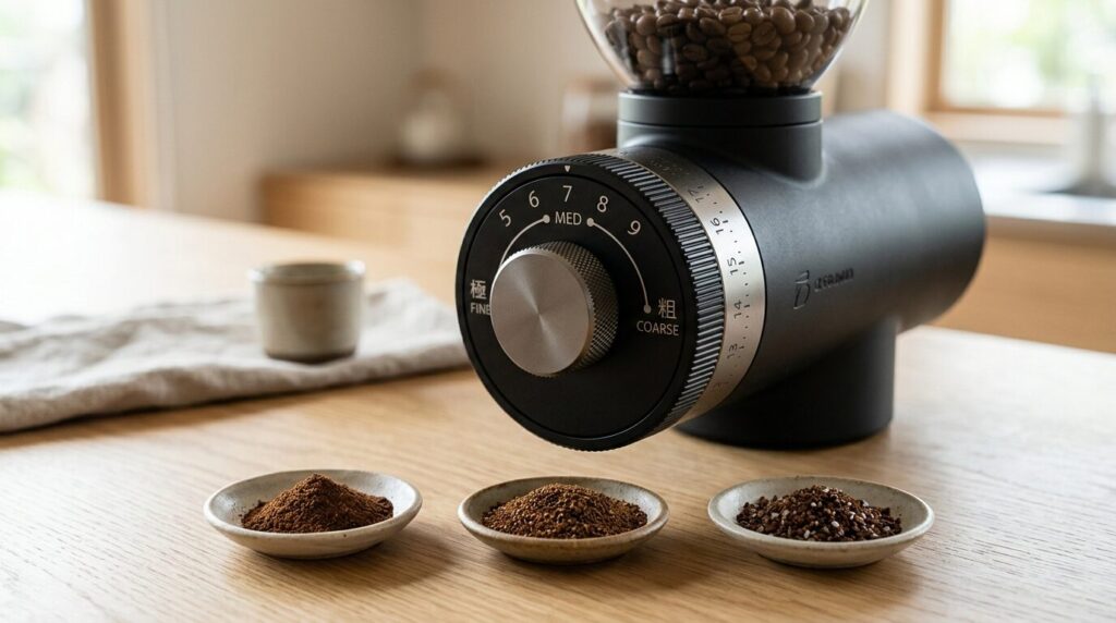 コーヒーグラインダーの挽き目調整機能と異なる粗さのコーヒー粉
