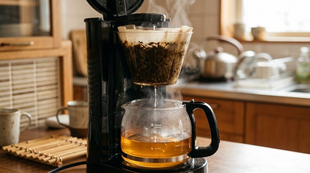 コーヒーメーカーのフィルターに茶葉を入れてお湯をドリップしている様子