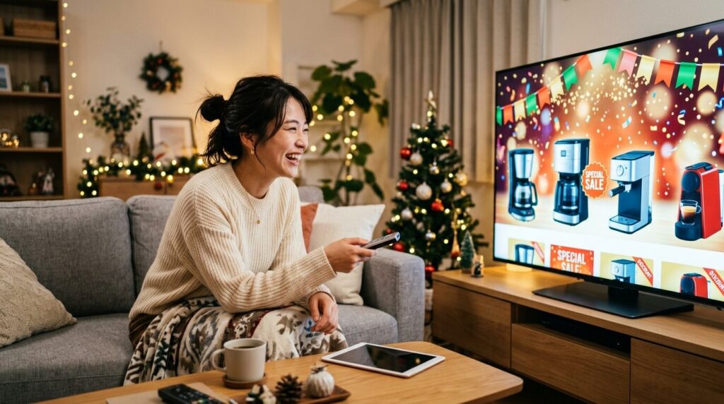 大画面ディスプレイに表示されたセール商品を笑顔で閲覧する日本人。Amazonプライムデーやブラックフライデーのショッピングの高揚感を表現しています。