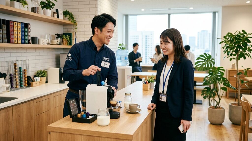 カプセル式コーヒーメーカーをオフィスの休憩スペースに設置し、女性社員に操作方法を説明するサービス担当者の笑顔。レンタルの手軽さと安心感を表現。