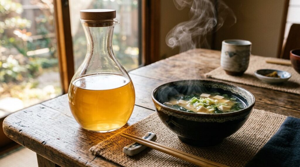 透明な黄金色の出汁と味噌汁が入った日本の食器