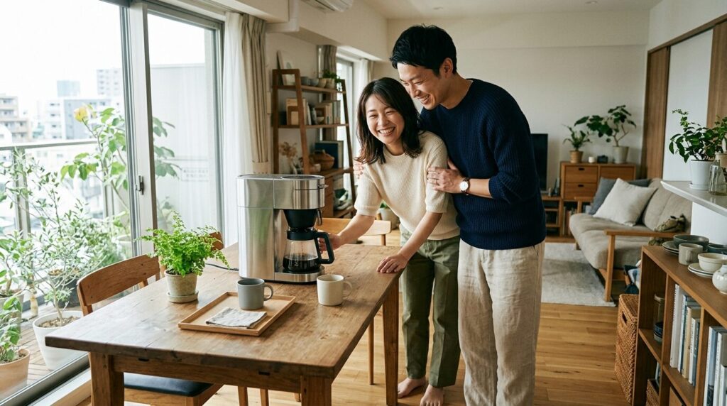 新しいアパートでコーヒーメーカーを囲む幸せな日本人夫妇の朝の風景
