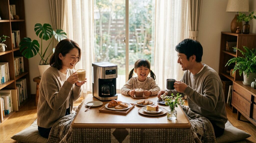 兼用コーヒーメーカーで家族それぞれの好みに合わせたコーヒータイムを楽しむ様子
