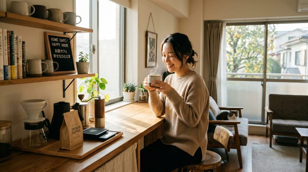 理想的なコーヒーステーションで充実したコーヒータイムを楽しむ様子