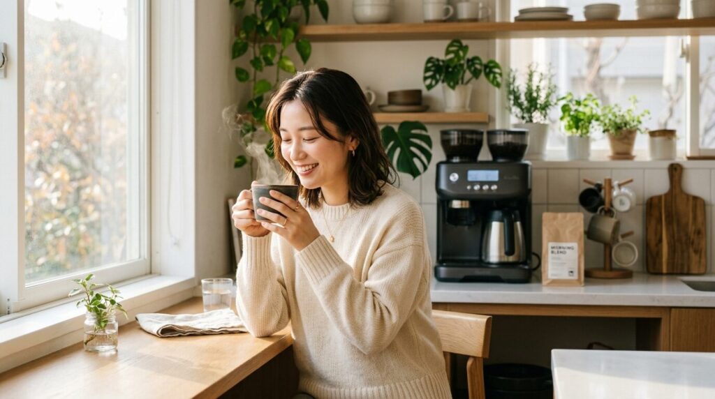 朝のコーヒータイムを楽しむ日本人女性とミル付きコーヒーメーカー