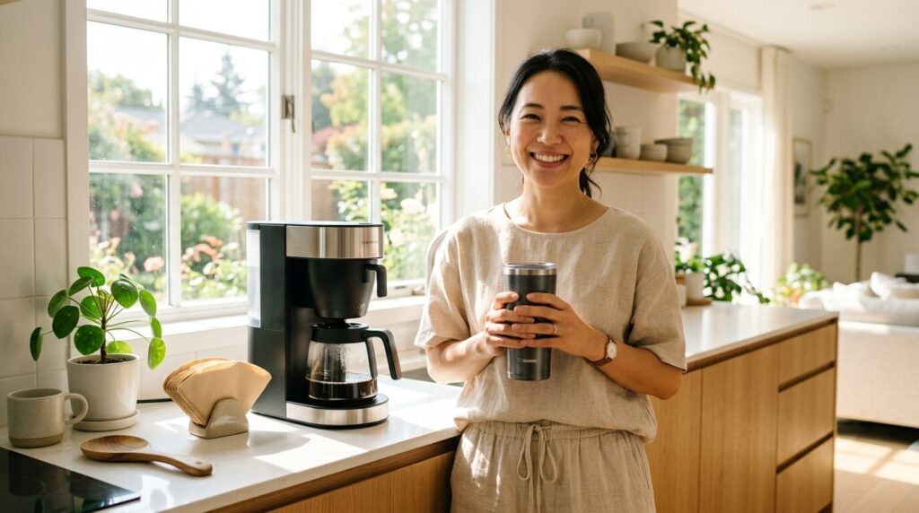 直接抽出したコーヒーが入った水筒を持ち笑顔の日本人女性、明るいキッチンの朝の風景