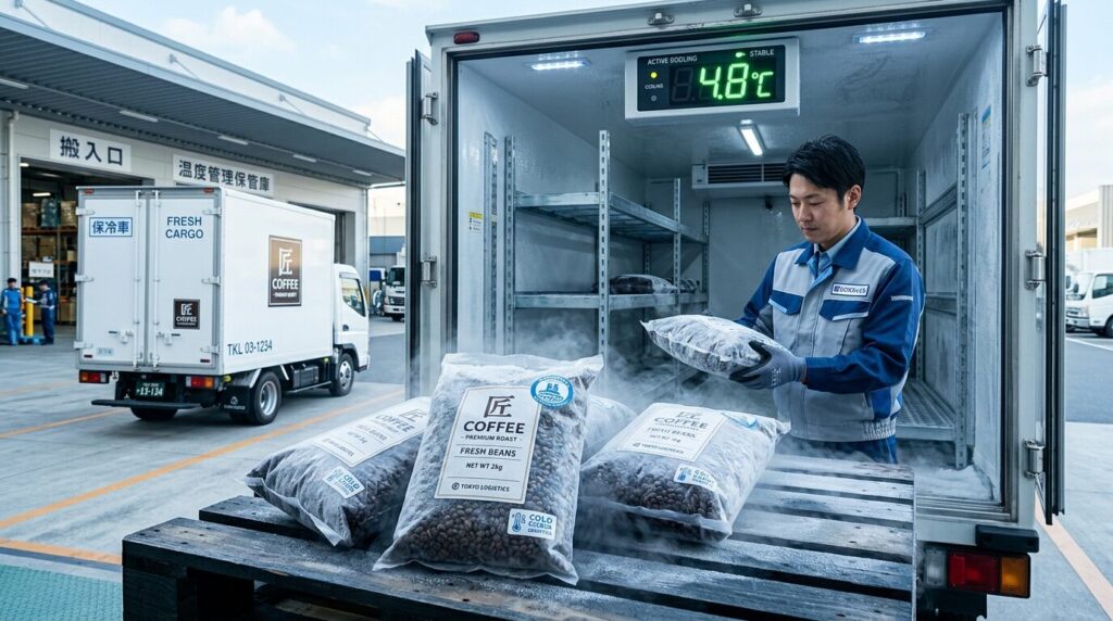 10度以下の温度管理された配送トラックで運ばれる焙煎直後のコーヒー豆パッケージ