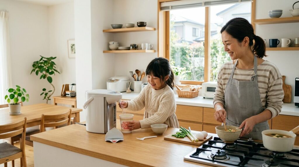 家族の明るいキッチンで、コーヒーメーカーからカップ麺にお湯を注ぐ子供と朝食準備をする母親の様子