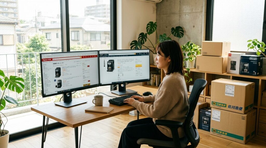 自宅のデスクで複数のオンラインショッピング画面を比較検討する日本人の姿。各プラットフォームの価格競争を表し、賢いオンライン購入を促す画像です。