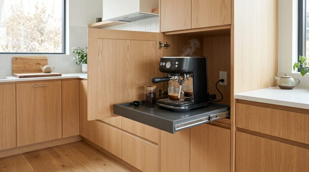 スライド棚付きキャビネットに収納されたコーヒーメーカーの隠す収納