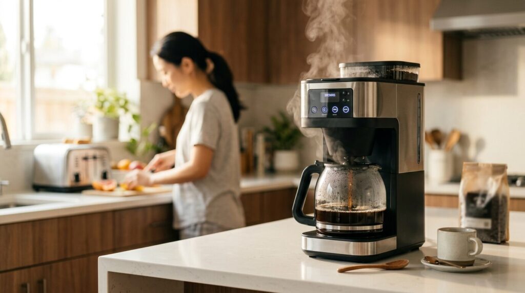 モダンなキッチンで稼働中の自動コーヒーメーカー、朝食準備と並行する便利さを表現