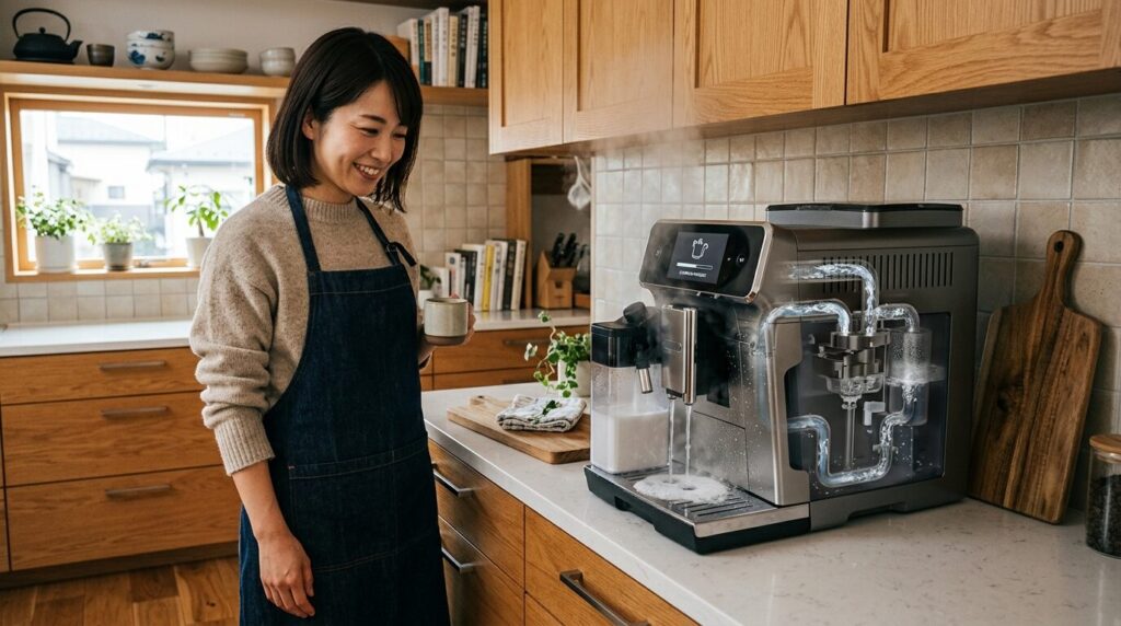 全自動コーヒーメーカーの自動洗浄機能が作動し、内部の水経路をクリーニングしている様子。日本の女性が機械に手間がかからないことに満足しているライフスタイル画像。