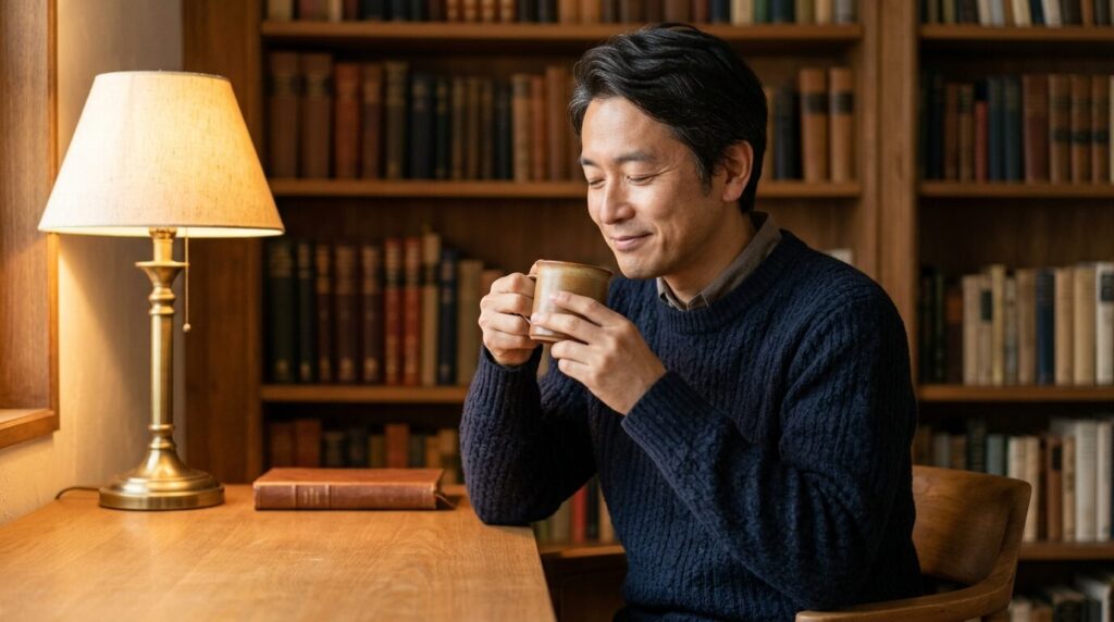 朝淹れた温かいコーヒーを手に、自分だけのリラックスタイムを心地よく過ごす日本人男性の穏やかで充実した瞬間。