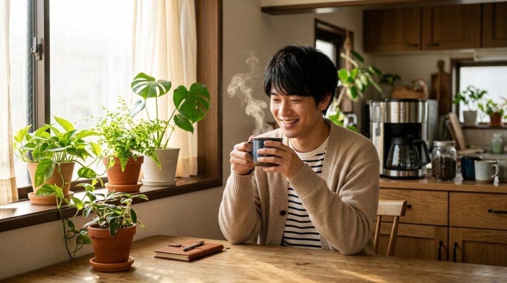 理想のコーヒーメーカーで淹れた美味しいコーヒーを楽しむ朝の風景