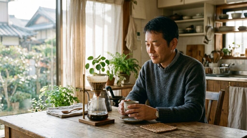 ハンドドリップでコーヒーが落ちるのを穏やかに見守る日本人、リラックスした朝の時間
