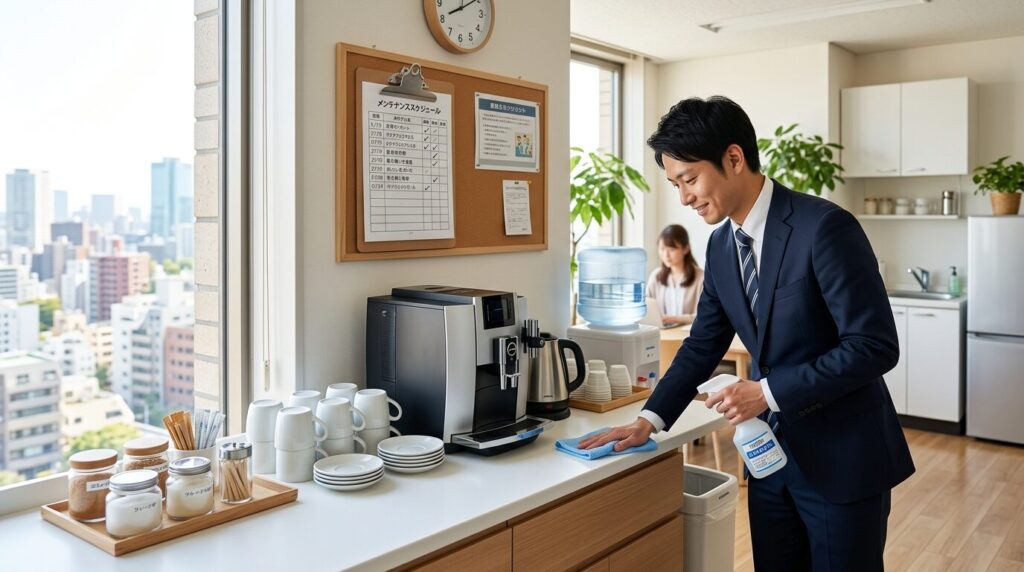 清潔に保たれたオフィスコーヒーコーナーで、明確なルールに従ってカウンターを拭く日本人オフィスワーカー。整理整頓された雰囲気が運用の成功を示す。
