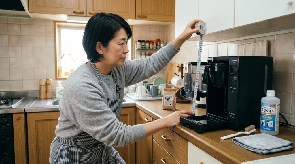 キッチンでコーヒーメーカーの設置スペースとメンテナンス性を確認する様子